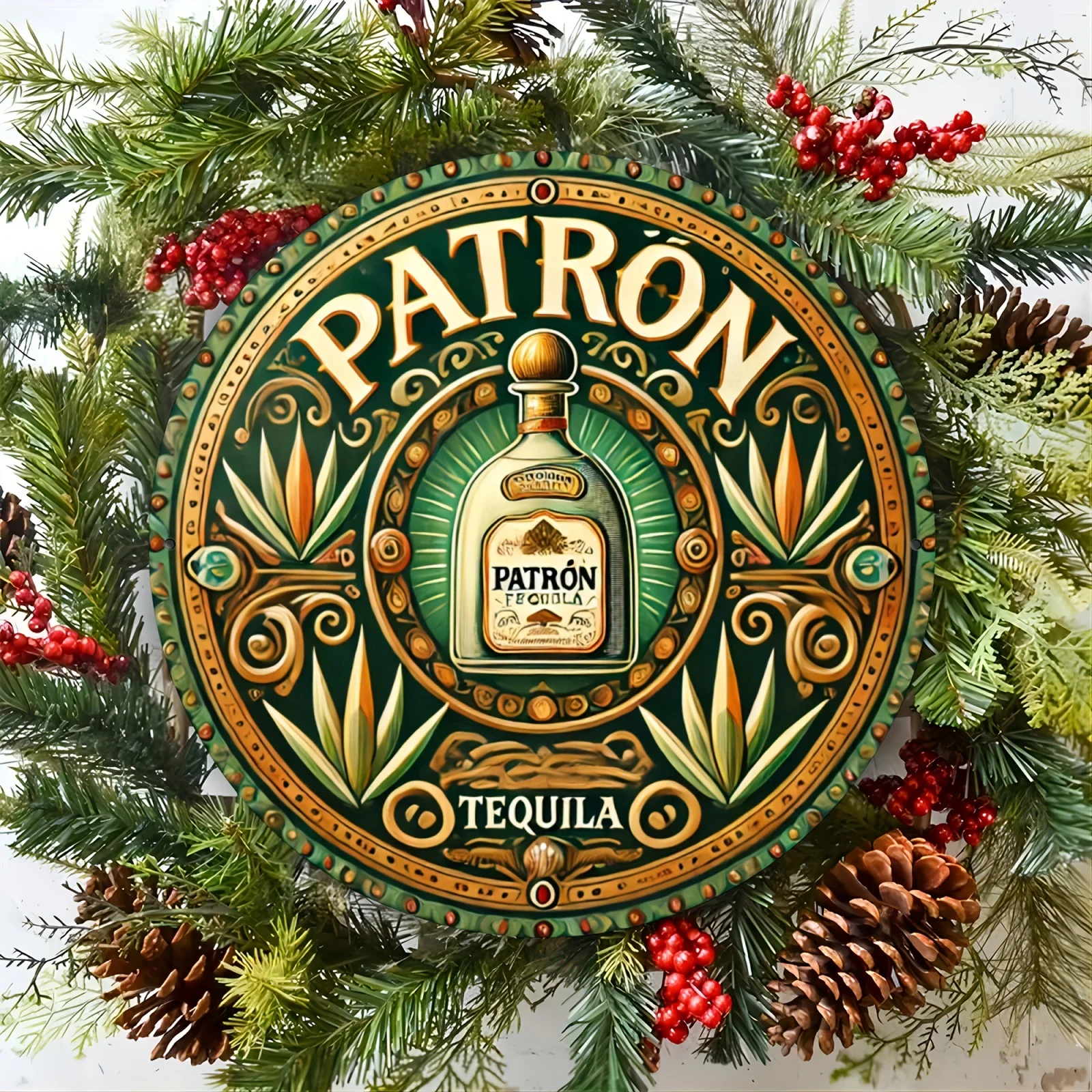 1pc Patron Tequila Metal Tin Sign, Gorgeous Style, Round 8×8 Inch Aluminum Sign 2D Flat for Bar or Personalized Home Decor