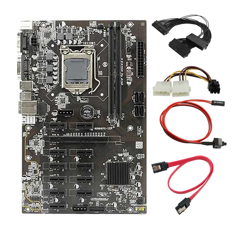 Hot-A39R-B250B BTC Mining Motherboard With Graphics Power Cable+24Pin Power Cable+Switch Cable 12 PCI-E Slot LGA1151 DDR4 RAM