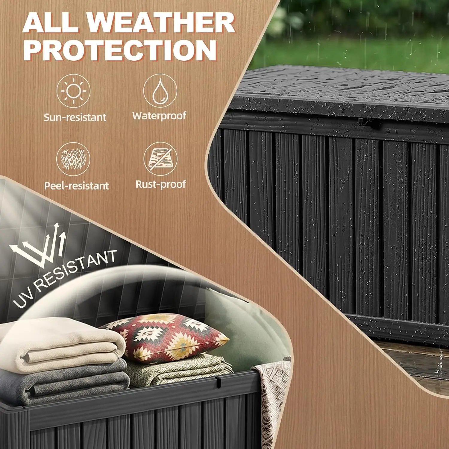 230 Gallon Outdoor Storage Deck Box Waterproof Resin Storage Container Heavy Duty Large Garden Tool Cushion Storage Bin for Patio Backyard Lawn Poolside Black