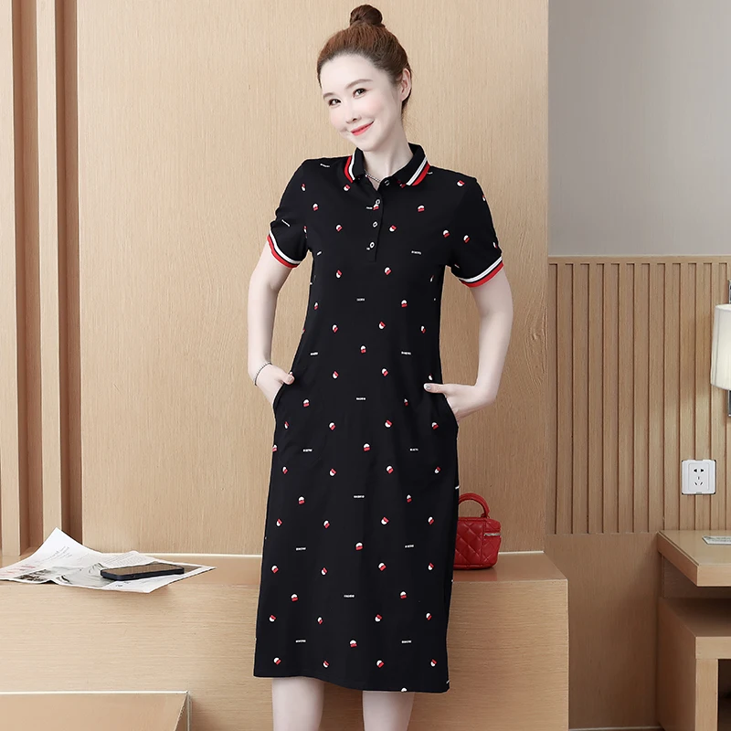 Summer Women Cotton T-shirt Dresses Female Polo Collar Short Sleeve Large Size 4XL Elegant A Line Print Black Navy Blue Vestidos