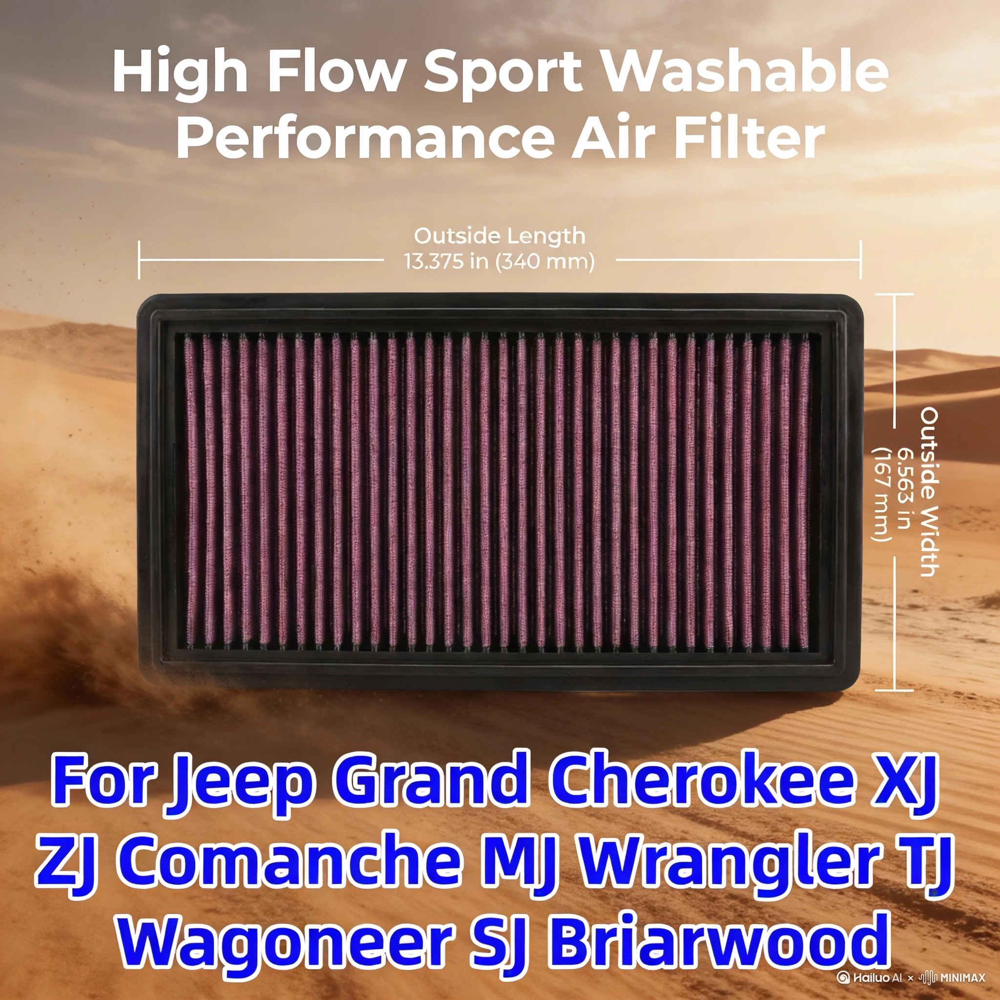 For Jeep Grand Cherokee XJ ZJ Comanche MJ Wrangler TJ Wagoneer SJ Briarwood High Flow Sport Washable Air Filter 33-2018 53004383