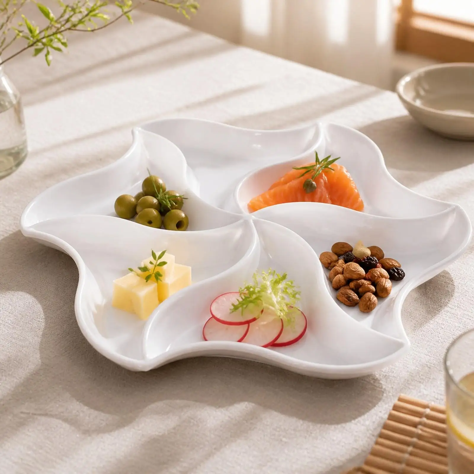 Divided Melamine Serving Platter for Assorted Snacks Dried Fruit Nuts Braised Food Rectangular White Dish for Home