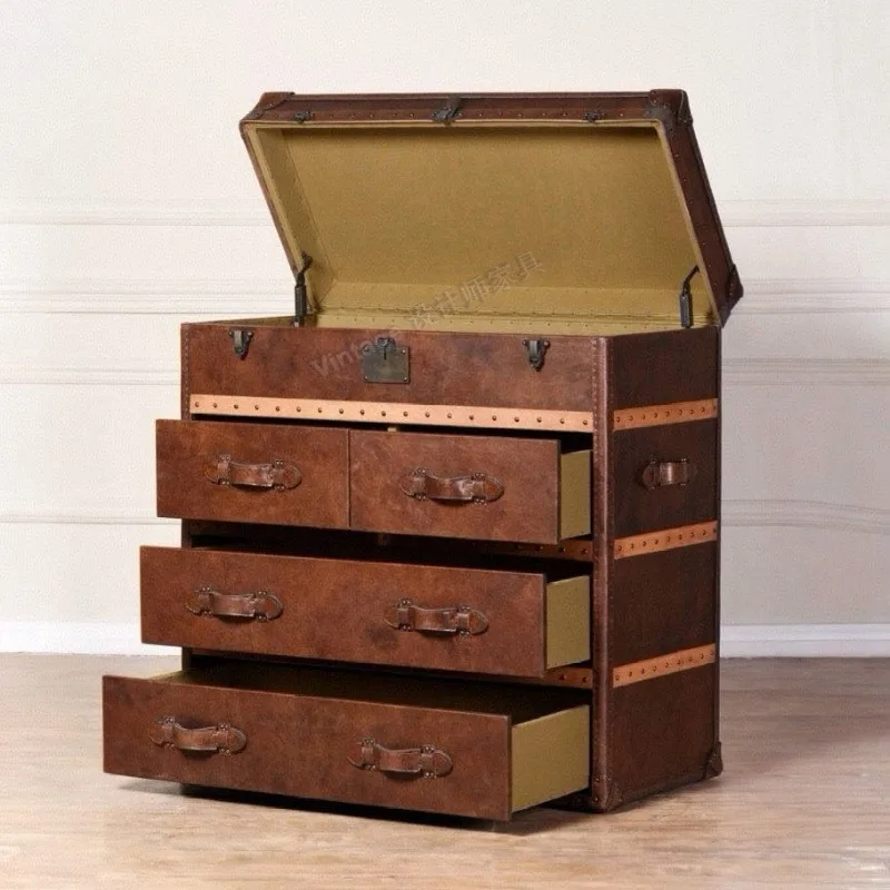 Medieval retro oil wax leather American coffee table living room solid wood drawer cabinet 2