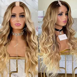 Ombre mel dourado loira solta onda v parte 100% perucas de cabelo humano lado marrom/meio aberto peruca corpo ondulado u forma completa máquina fim