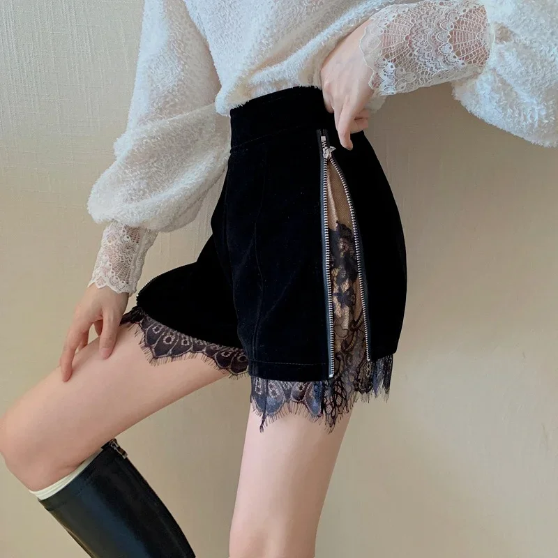 Women's Fashion High Waist Lace Stitching Shorts Straight Shorts Adjustable Slim Gold Velvet Boots Sexy Shorts Women's Clothing