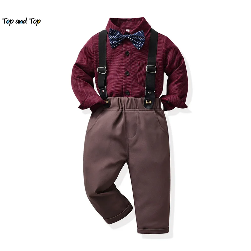 top and top Christmas Children Boys Gentleman Clothing Sets Long Sleeve Shirts Tops with Bowtie+Suspenders Pants Formal Outfits