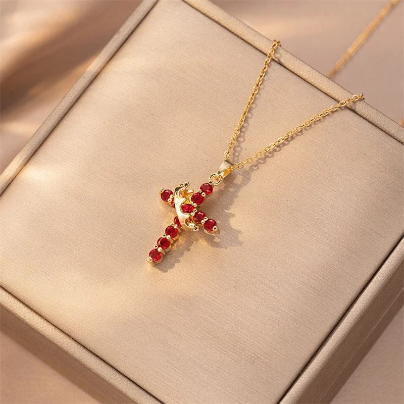 Exquisite Krone Kreuz Strass rotierende Halskette für Frauen Mode Kupfer Edelstahl Halskette Party Bankett Schmuck Geschenk – Detail 4