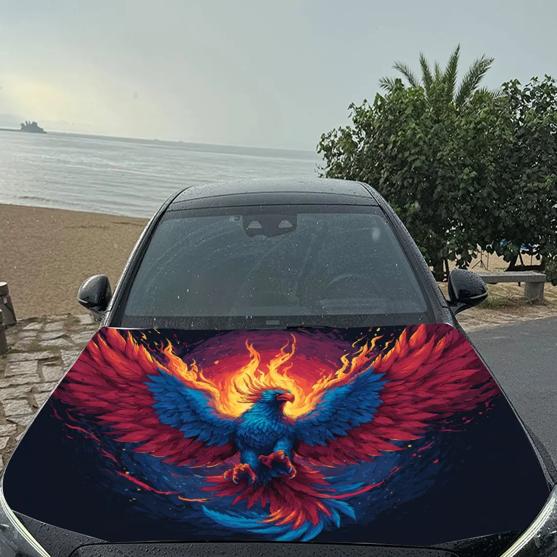 Colorful - Flaming Phoenix Spreading Wings Car Vinyl Wrap, PVC Material Waterproof Car Hood Sticker, Self-Adhesive Scratch-Resis