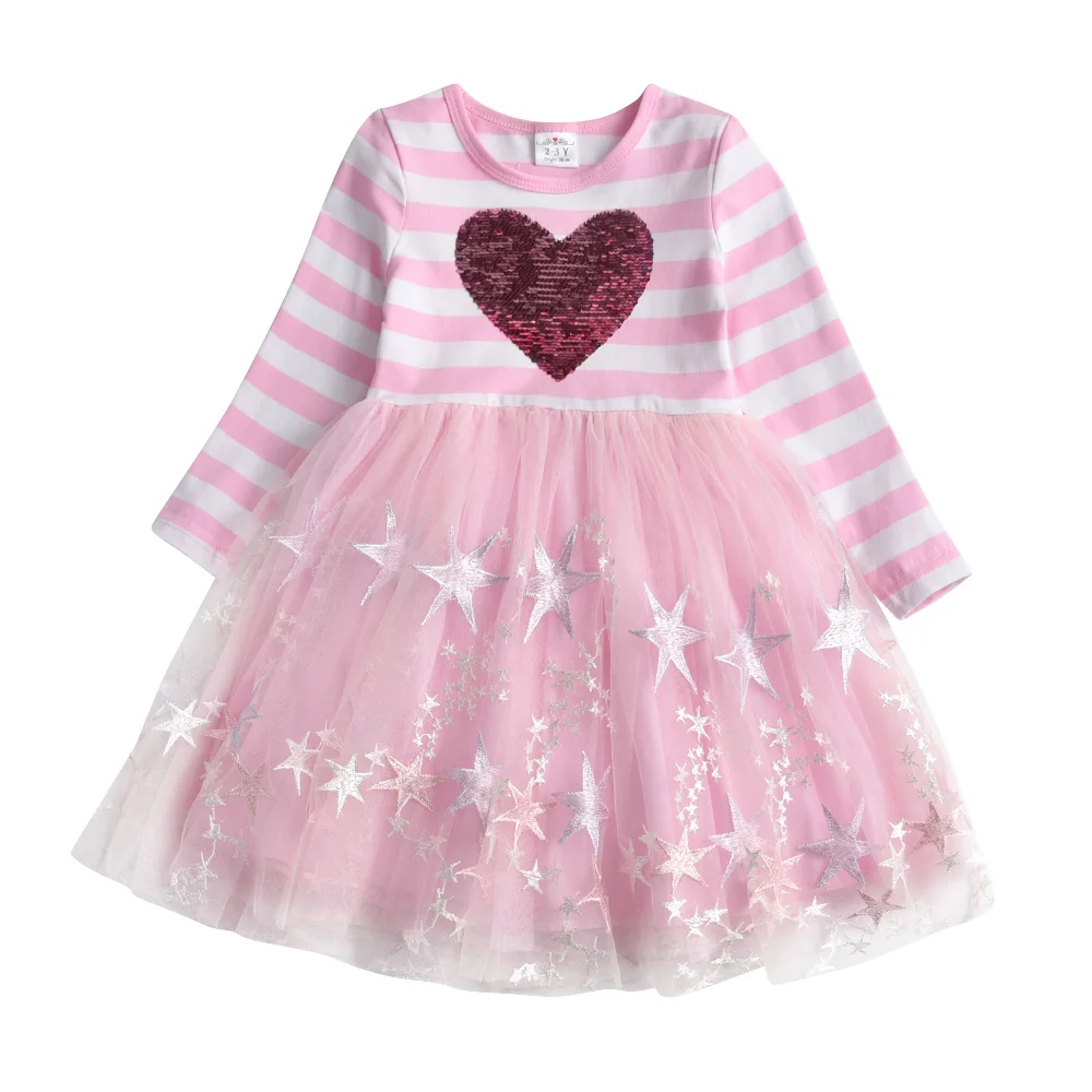 VIKITA Girls Heart Shape Sequined Dress Kids Striped Patchwork Dress Kids Pink Lace Mesh Tulle Princess Birthday Party Costumes