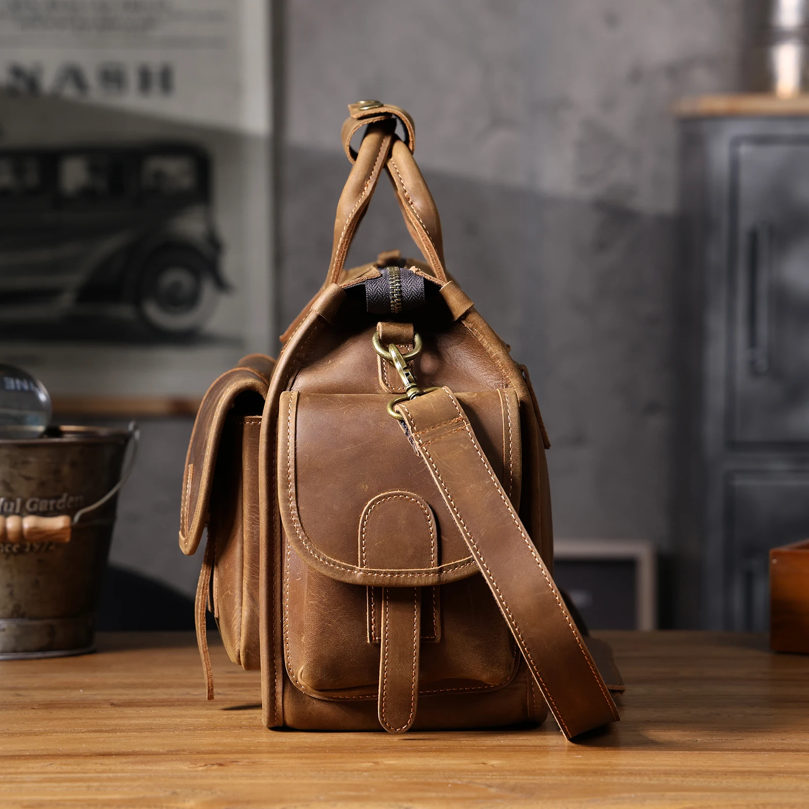 S.WORKER Vintage Echtleder Herren-Aktentasche 14" Laptop-Tasche Crazy Horse Leder Messenger-Handtasche Rindsleder Geschenkidee für Männer – Detail 28