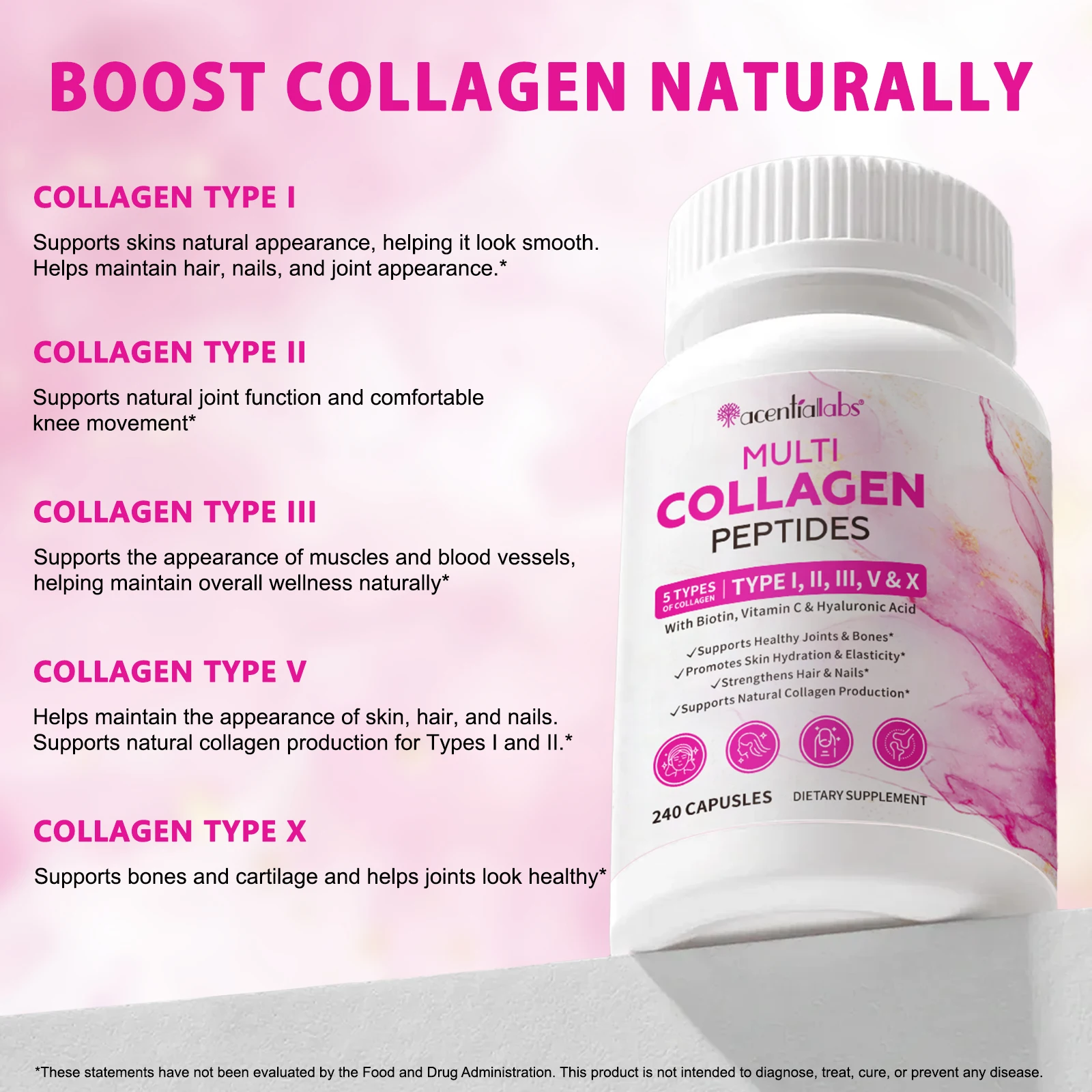 Multi Collagen Peptides Capsules 5 Types I II III V X with Biotin 2500mcg Hyaluronic Acid Vitamin C Skin Hair Nails 240 Count