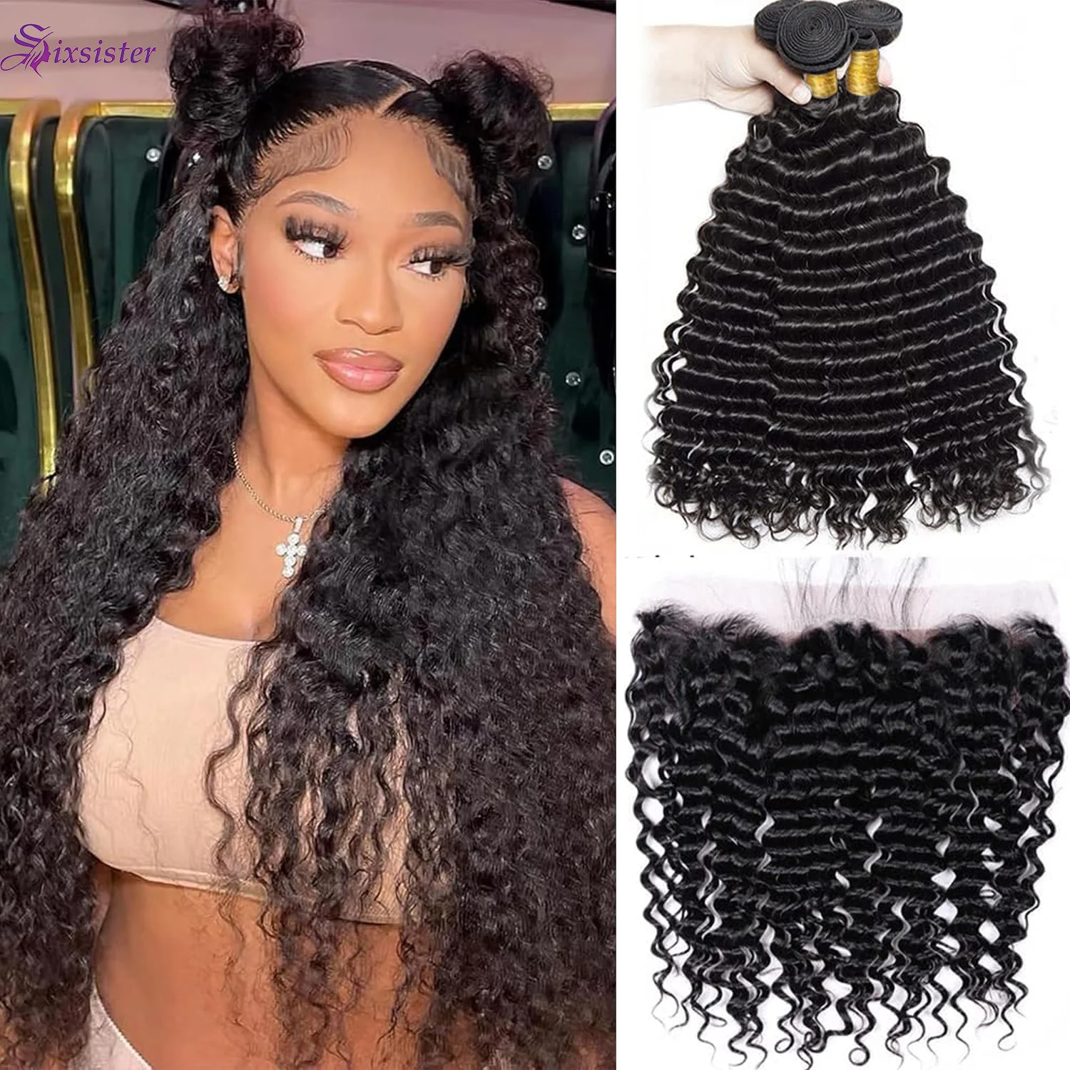 

Пучки глубоких волн с фронтальными человеческими волосами Бразильские глубокие волны 3 пучка с кружевом 13x4 спереди Мокрые и волнистые пучки девственных волос