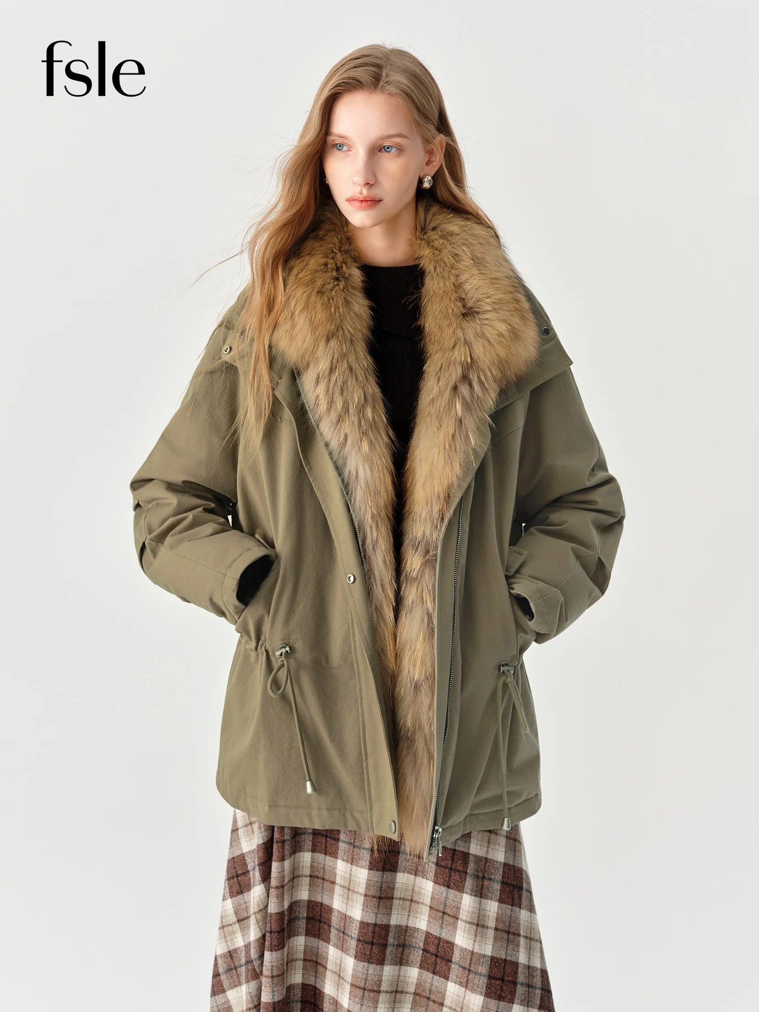 FSLE 2026 Winter Women Khaki Detachable Raccoon Fur Collar Parka Casual Down Coat Warm Puffer Jacket Outerwear New Arrival