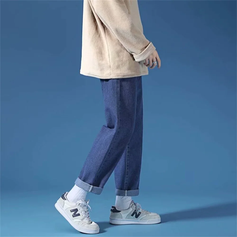 스트레이트 진 남성 와이드 팬츠 힙합 루즈 데님 트라우저 스트릿웨어 남성 캐주얼 솔리드 컬러 와이드 청바지 남성 바지 스트릿 스타일