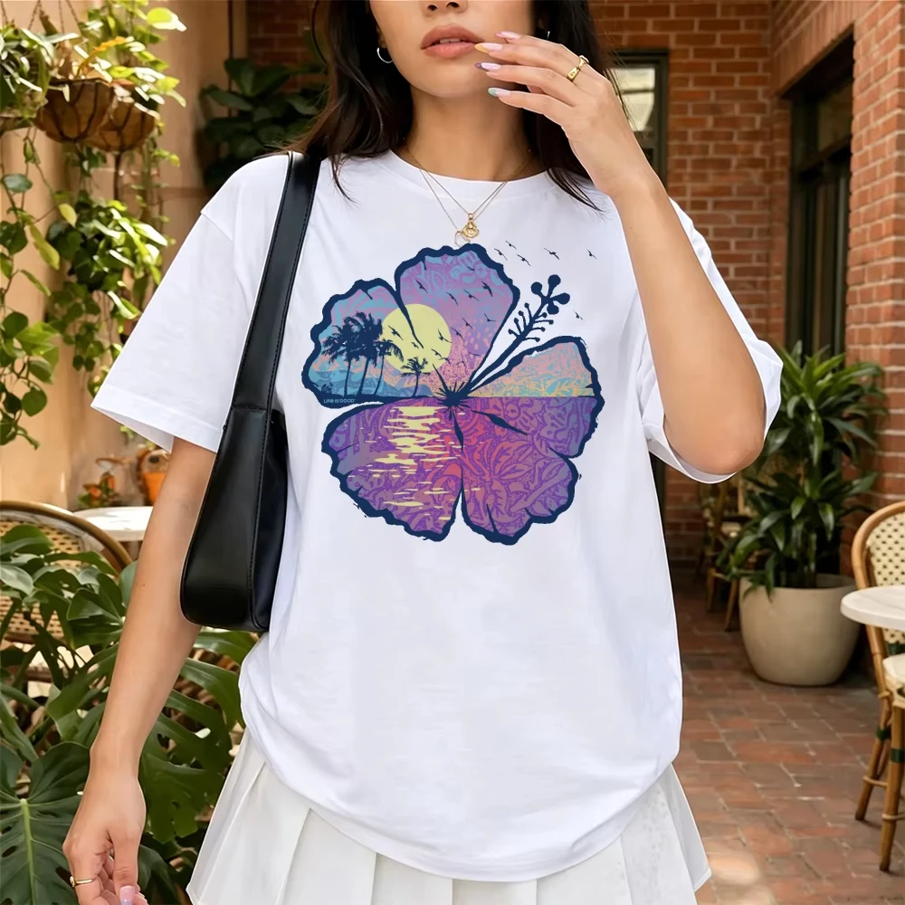 Tropical Hibiscus Flower Palm Tree Sunset Beach Graphic Tees Short Sleeve Soft Cotton Boho Summer Vacation Casual Tops