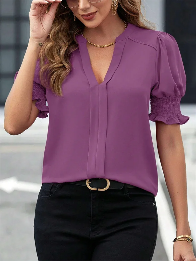 Summer Pleated Bubble Short Sleeve V Neck Pullover Shirt Women New Elegant British Style Blouse Female Commuter Solid Color Tops