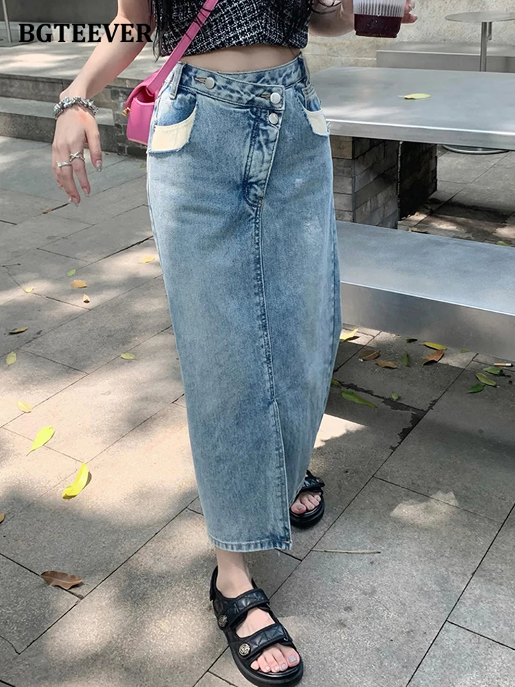 

BGTEEVER Fashion Loose Straight Women Denim Skirts High Waist Inclined Buttons Casual Ladies Split Jeans Skirts