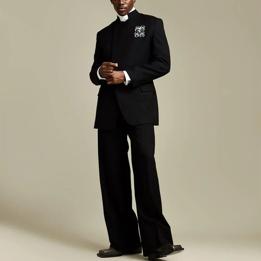 

Classic Black Men's Suits Two Piece Slim Fit Stand Collar Elegant Fashion Suit Smart Casual Work Wear Business Outfit Set