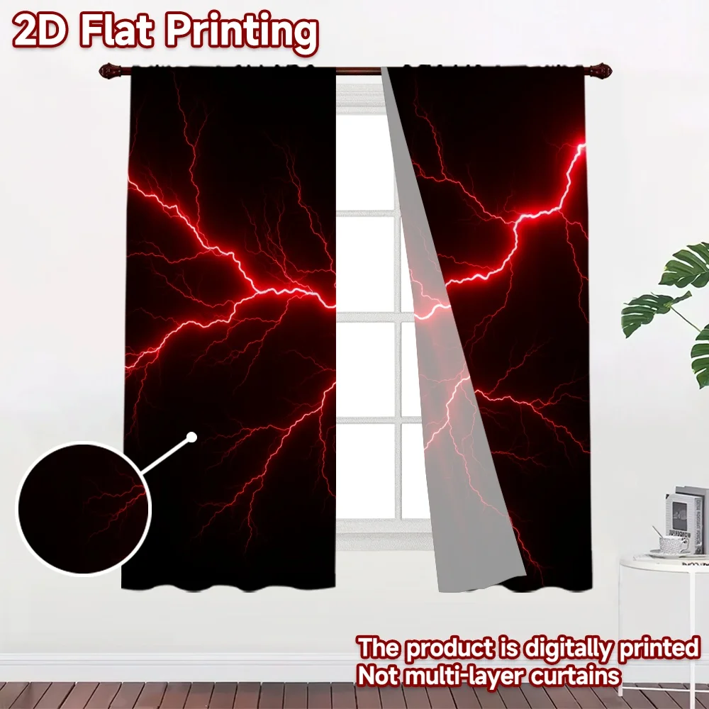 2D flat 2pcs Curtain Modern Minimalist Style Red Lightning Bolts Digitally printed polyester, colorfast Festive Holiday Use for