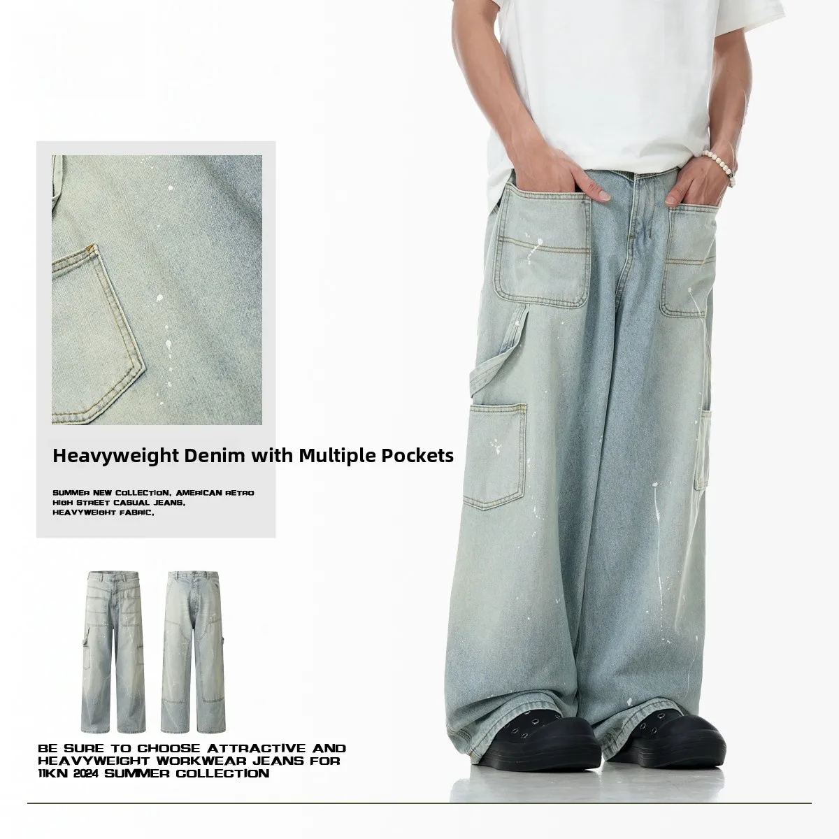 

American Sle Distred Ink Denim Pants Men's Loose Slimming Trendy Wear inside out Wide Leg Workwear Cotton 00%