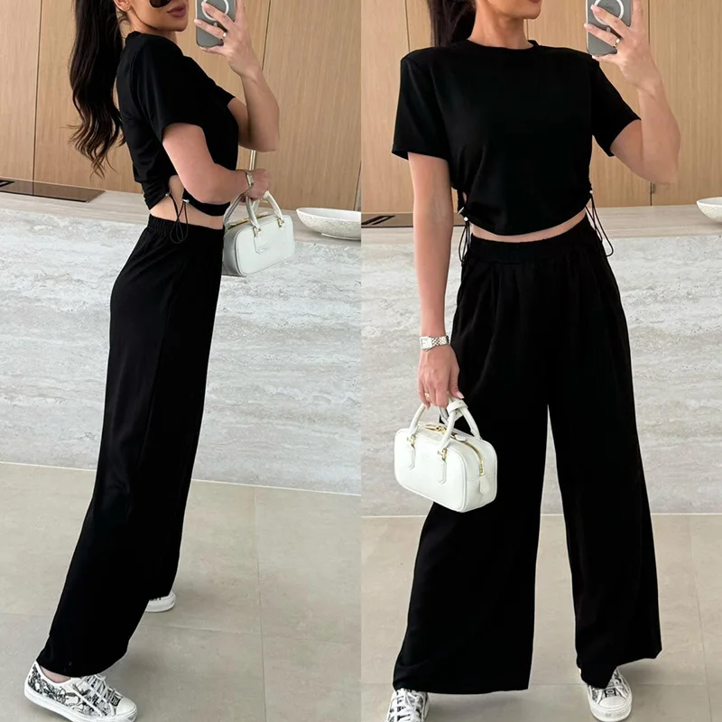 

Casual Simple Fashion 2 Piece Sets Office lady Commute Outfits 2025 New Summer Short Sleeve Drawstring Tee& Elastic Pants Suits