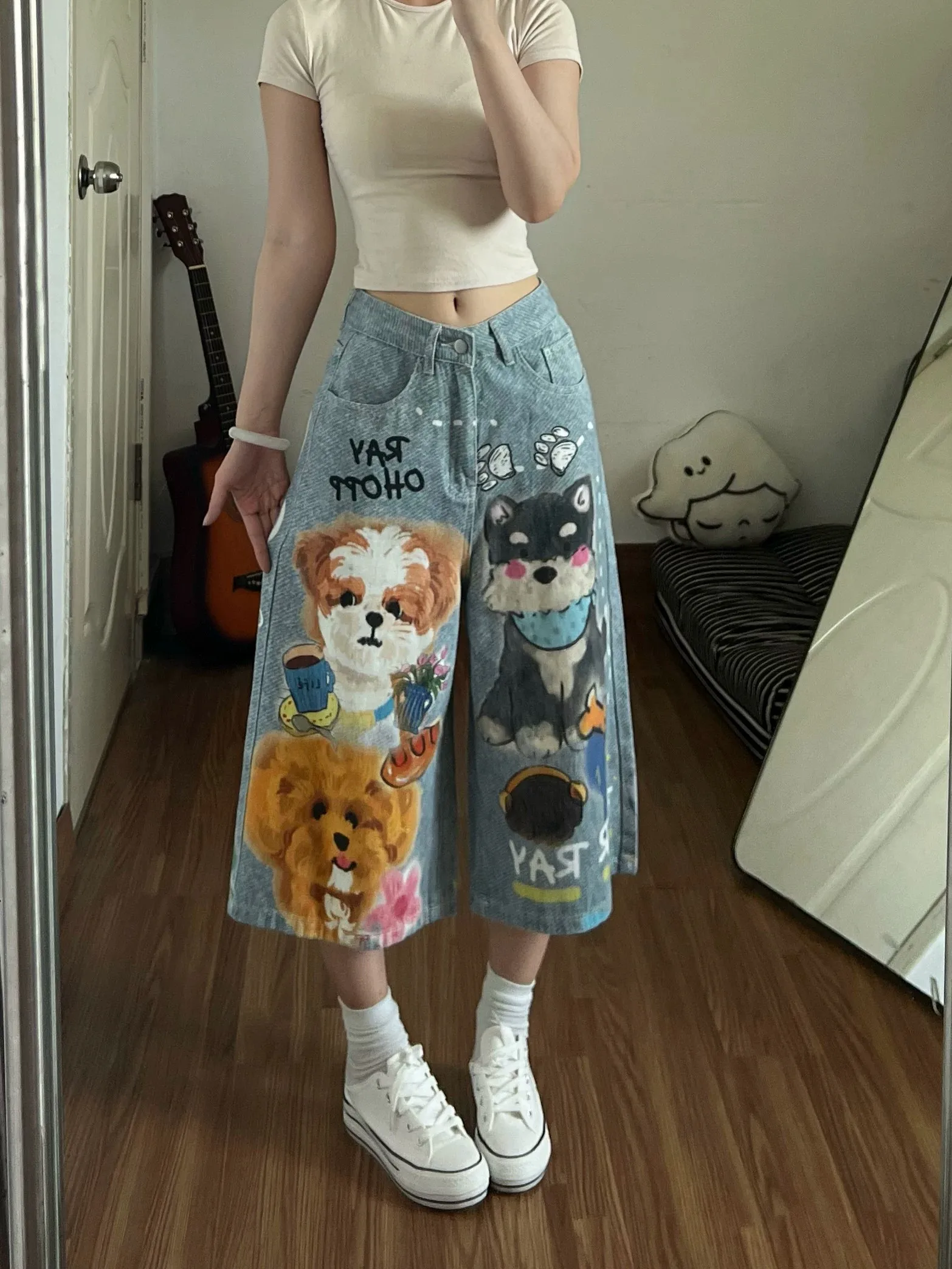 Blue Dog Print Seven-Five Jeans Women's Summer Hong Kong Style Loose Wide Leg Slimming Street Personality Straight Short Pants