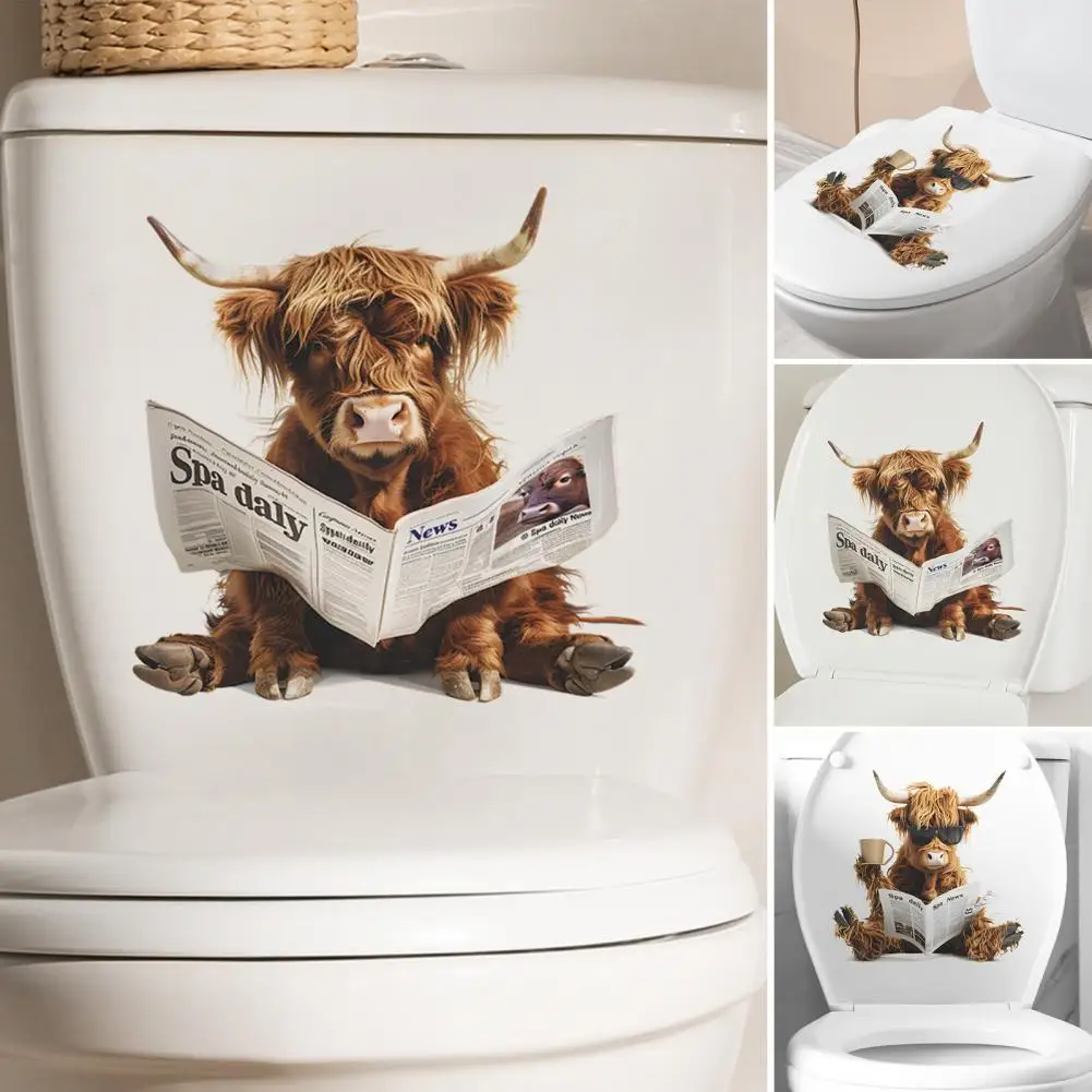 Reading Newspapers Yak Toilet Sticker Removable Self-adhesive Waterproof PVC Living Room Bathroom Wall Art Cow Toilet Lid Decora