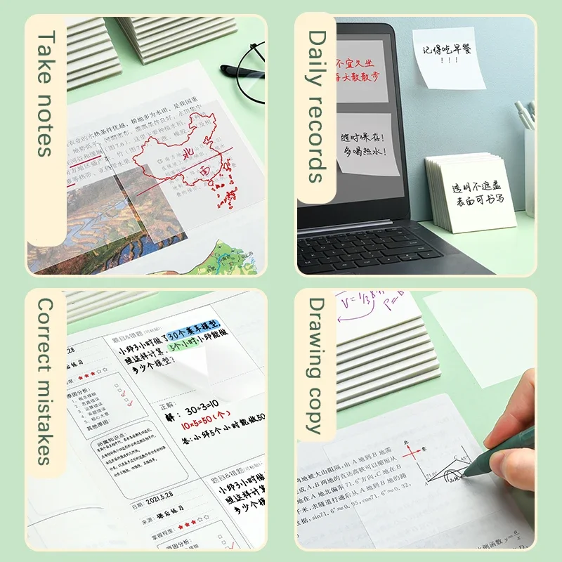 Macaron Colors Transparent Sticky Notes with Scrapes Stickers Sticky Clear Memo Sticky Notes Paper for Student Office Stationery