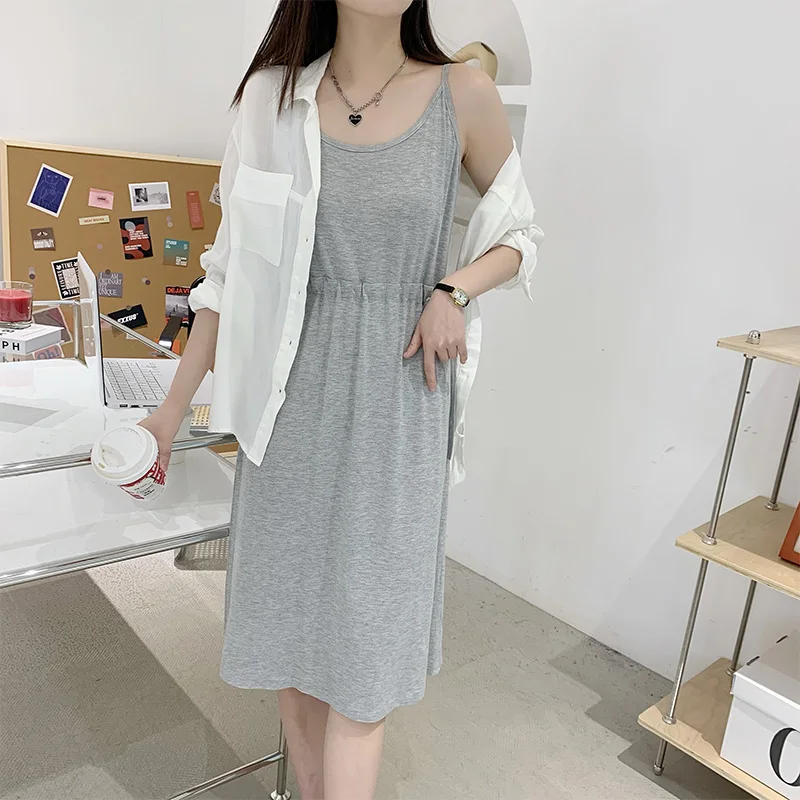 Modal Drawstring Casual Summer Dress Thin round Neck Sleeveless Loose plus Size Long Gown Women's Fashion Comfortable Clothing