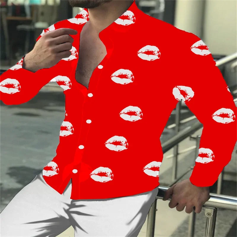 

Fashionable red lips men's and women's lapel shirts 2023 new leisure and entertainment Hawaiian shirts spring and summer