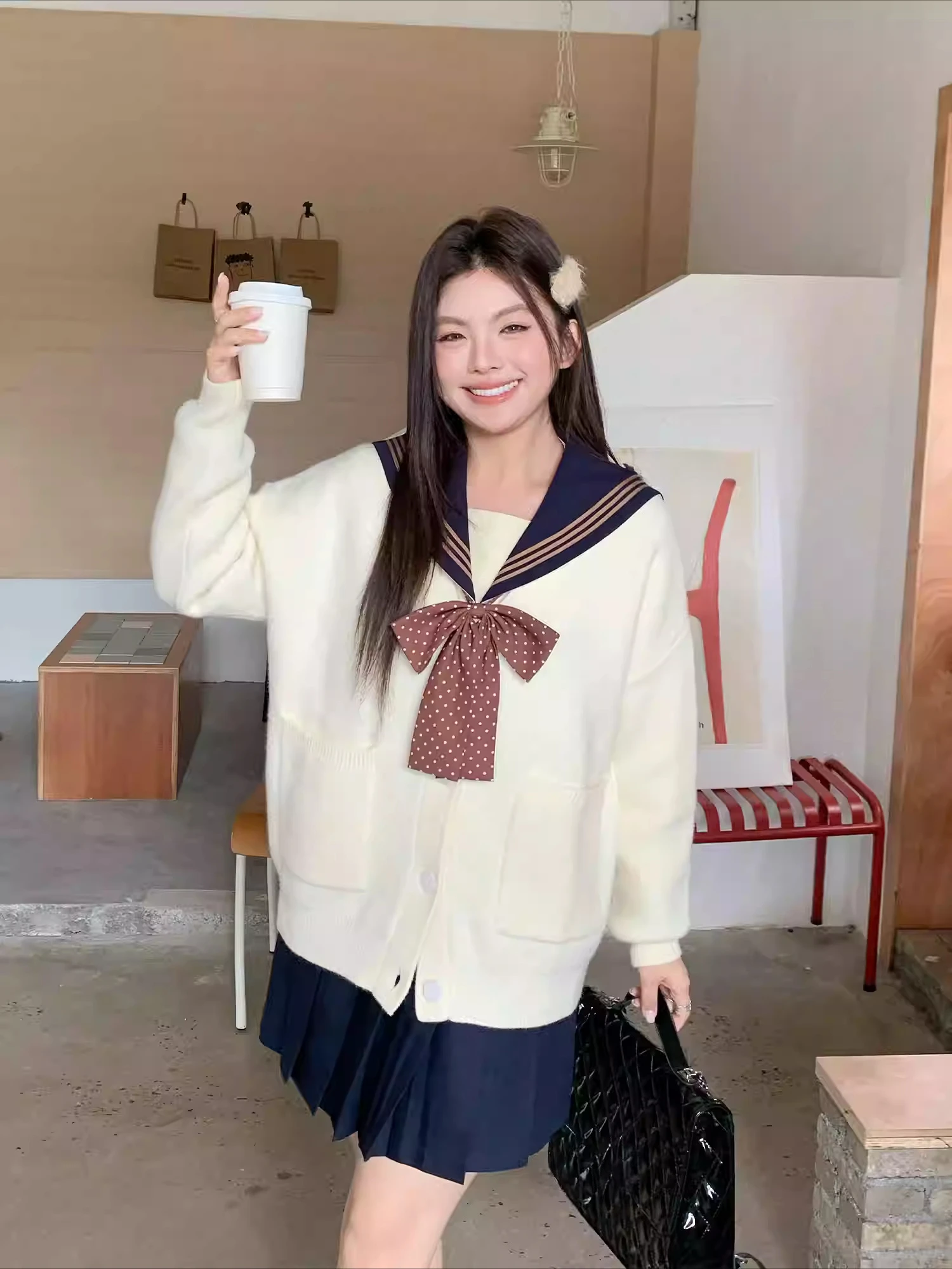 Large Size Jk College Apricot Age-reducing Japanese Sweater Cardigan Sweet Girl Loose Versatile Long Sleeve V-neck Knitted Coat