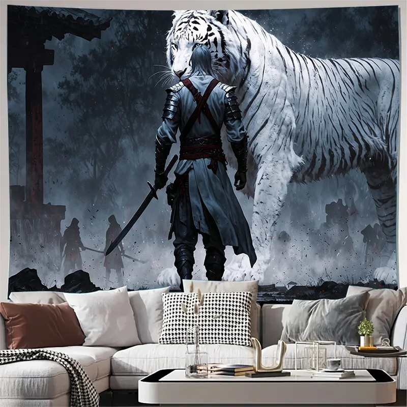 

Vintage Tiger Tapestry Wall Art: Fantasy Samurai Warrior & White Bengal Decorative Canvas Painting for Living Room Home Decorati