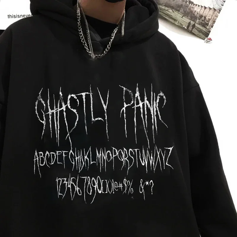 بلوفر Goth y2k الجرونج بأكمام طويلة بلوفر كاواي جرافي للرجال مع قلنسوة كبيرة الحجم بلوزة هاراجوكو بغطاء للرأس مطبوعة على الموضة