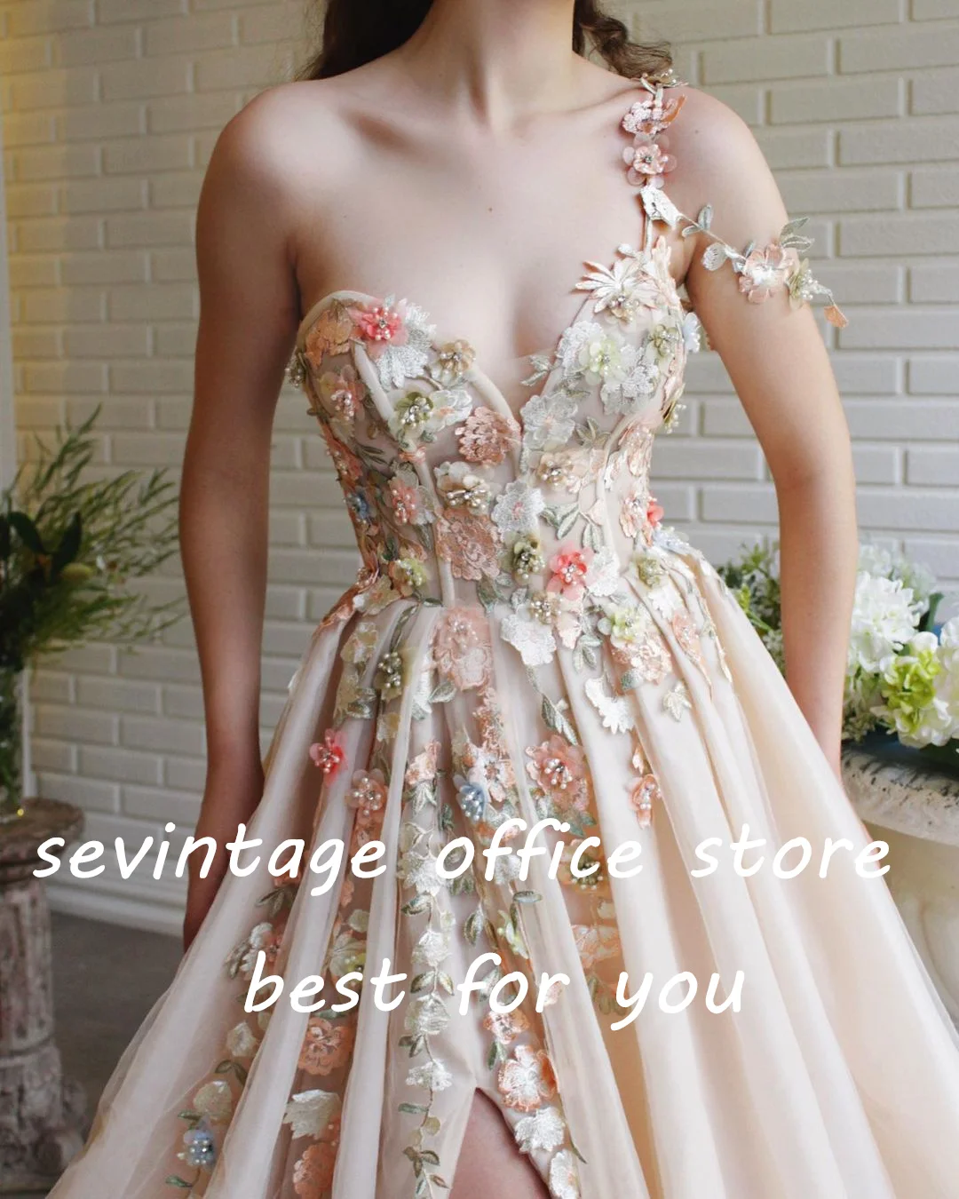 Sevintage Champagne Tulle Long Prom Dresses Sweetheart 3D Flowers Beading Pearls A-Line Evening Gowns Formal Party Dress 2022