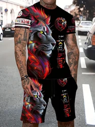 Casual Everyday Short Sleeve+ Shorts 2PCS Set Cool The Lion King 3DPrint T-Shirt +Drawstring Short Set Men's Set Camping