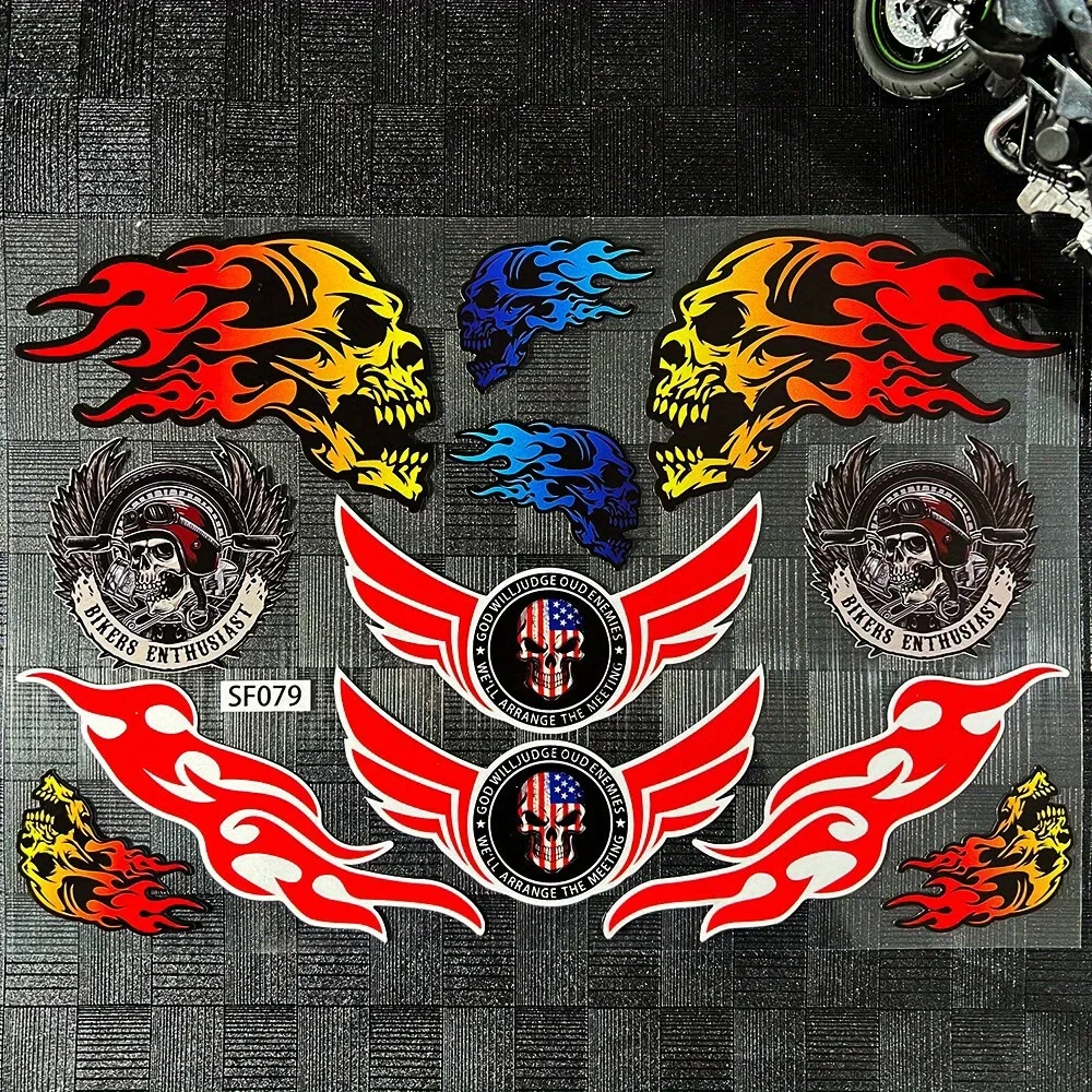

1SET Flame Skull Biker Sticker Set, Perfect for Motorcycles, Laptops, Skateboards to Show Rebel Vibe