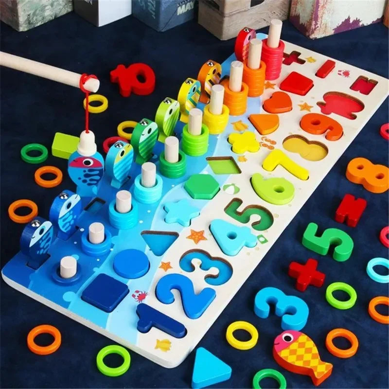 Kids Montessori Math Toys For Toddlers Educational Wooden Puzzle Fishing Toys Count Number Shape Matching Sorter Games Board Toy