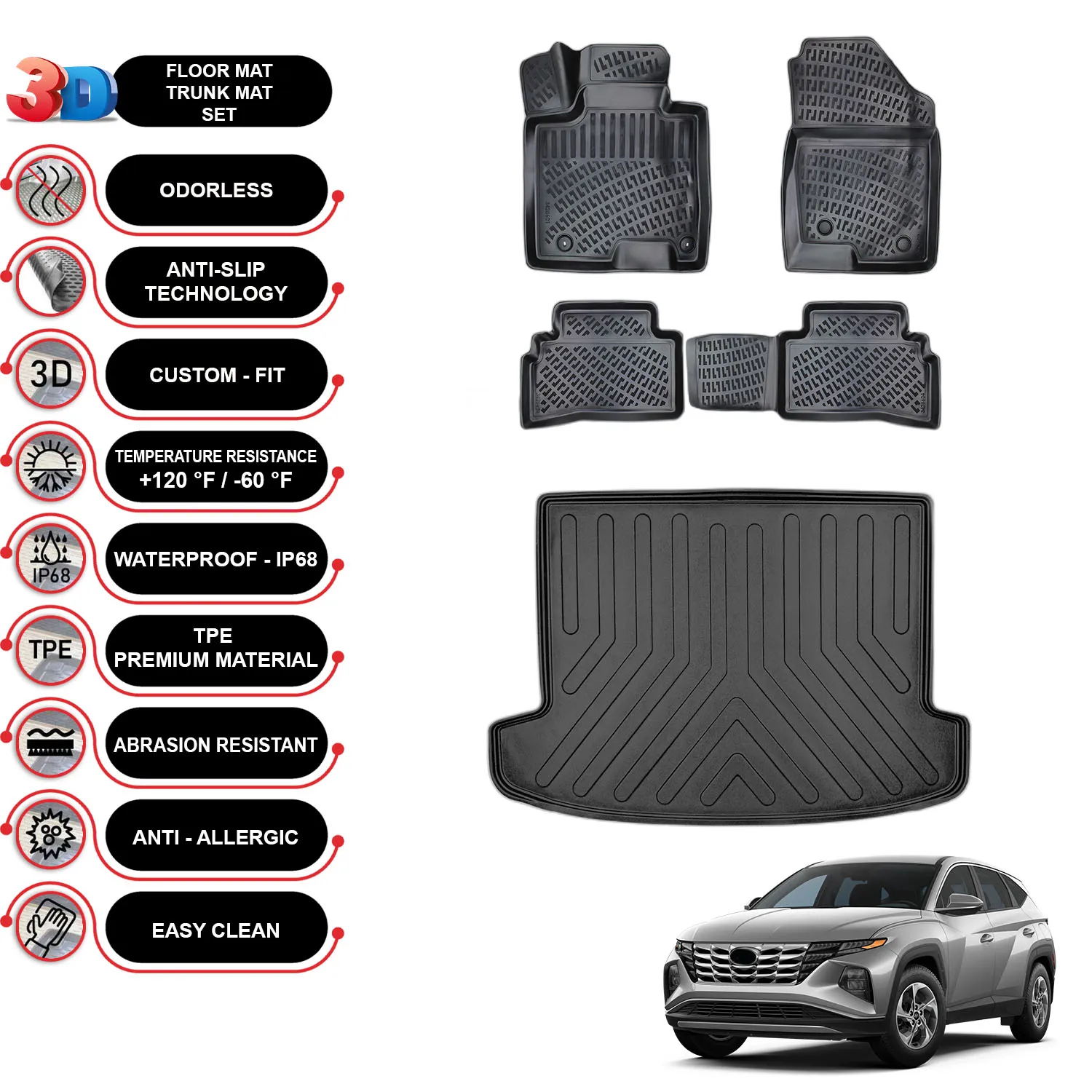 Hyundai Tucson Gasoline - (2021-2023) - Floor Mats + Cargo Trunk Liner - SET - (Black)