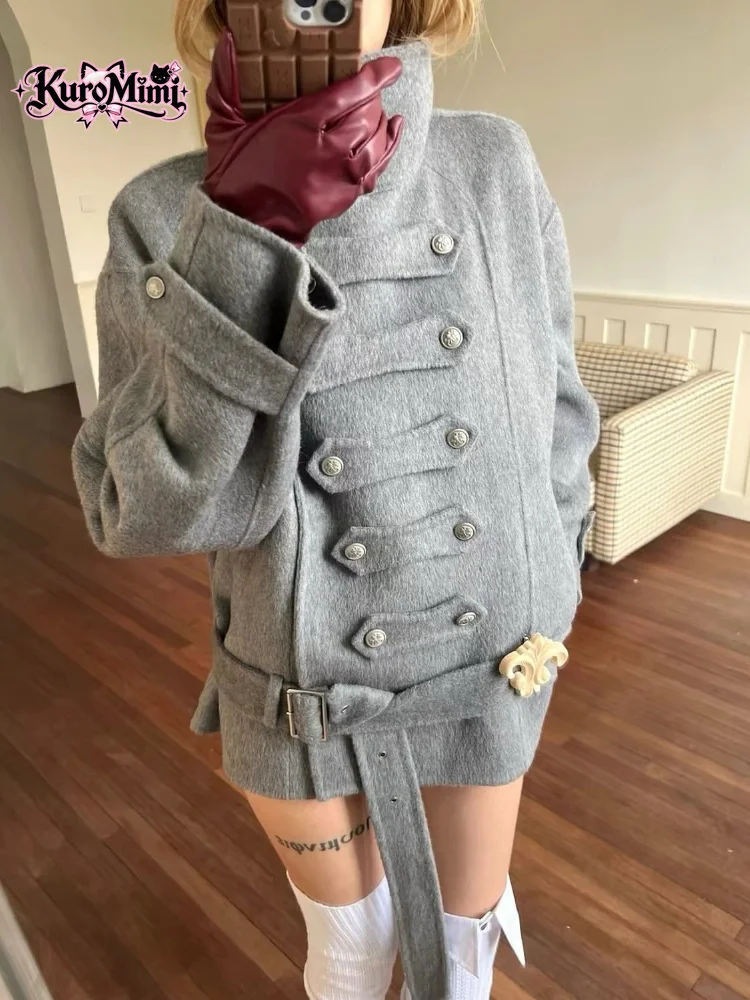 Korean Vintage Princess Elegant Winter Wool Jacket Women Stand Collar Double Breasted Belted Waist Slim Fit Casual Outerwear New
