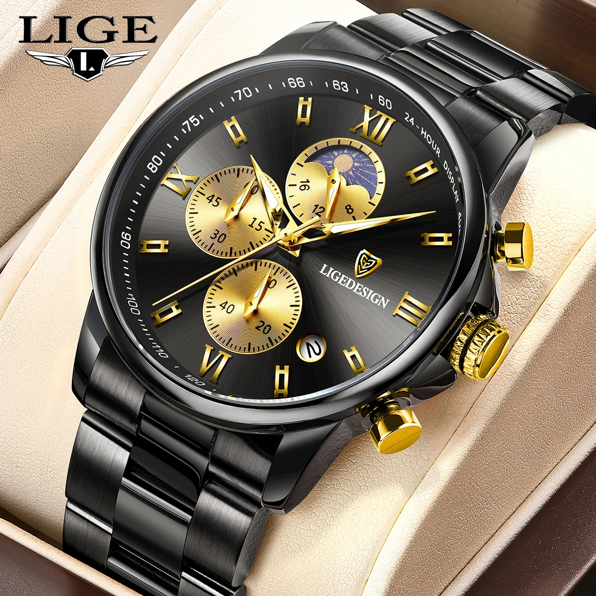 

LIGE Band Роскошные часы для мужчин Кварцевые спортивные мужские часы Водонепроницаемые светящиеся хронограф из нержавеющей стали Мужские часы Reloj