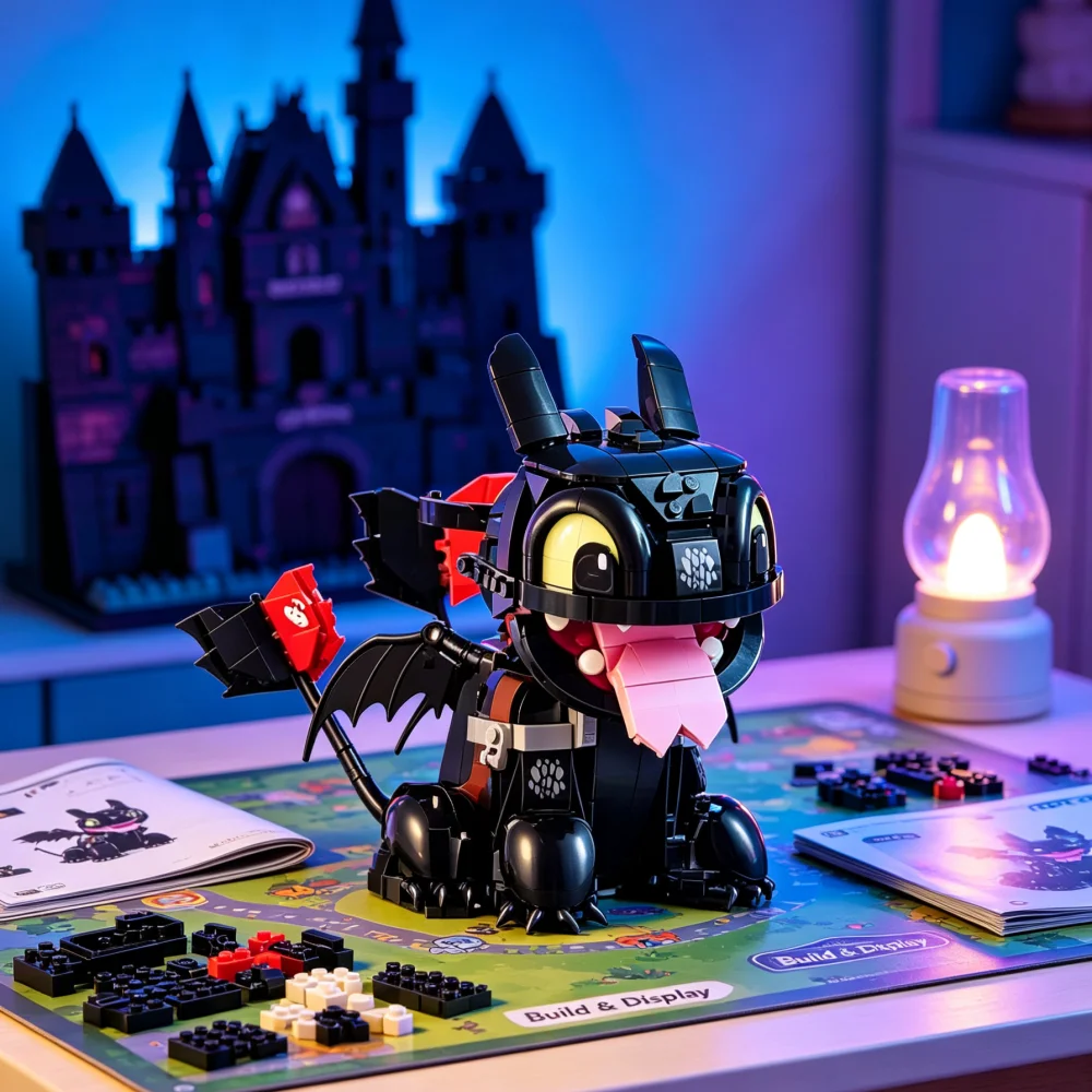 Little black dragon building block toy. Assemble the model, for decoration. A gift and collectible for anime fans.