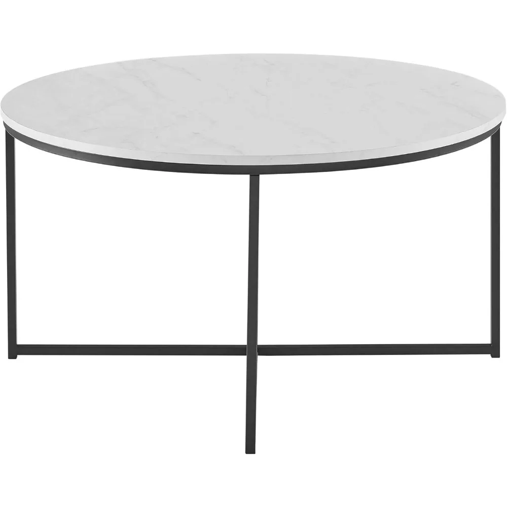 Modern circular artificial marble countertop coffee table with X-base, 36 inches, marble and black