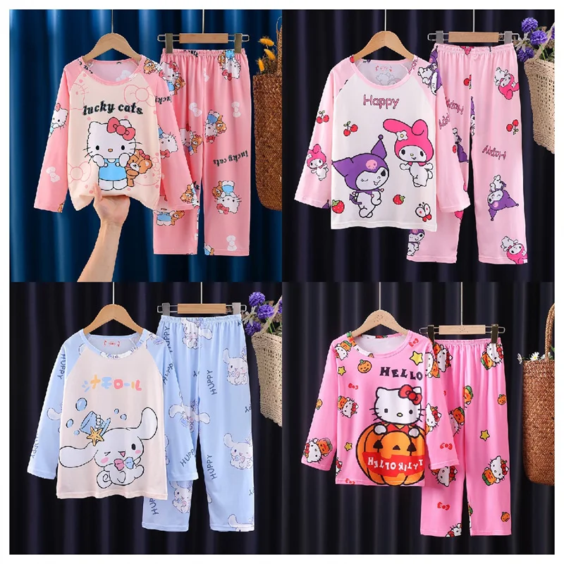 Kawaii Sanrios Children Pajamas Kuromi Cinnamoroll Milk Silk Pajamas Sets Anime Girl Boy Sleepwear Autumn Kids Homewear Clothes