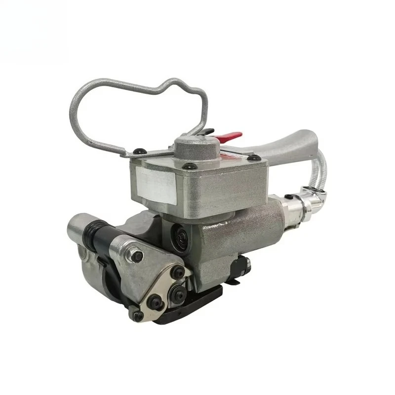 Pneumatic strapping machine, hand-held portable tool for food and beverage packaging, engine-driven