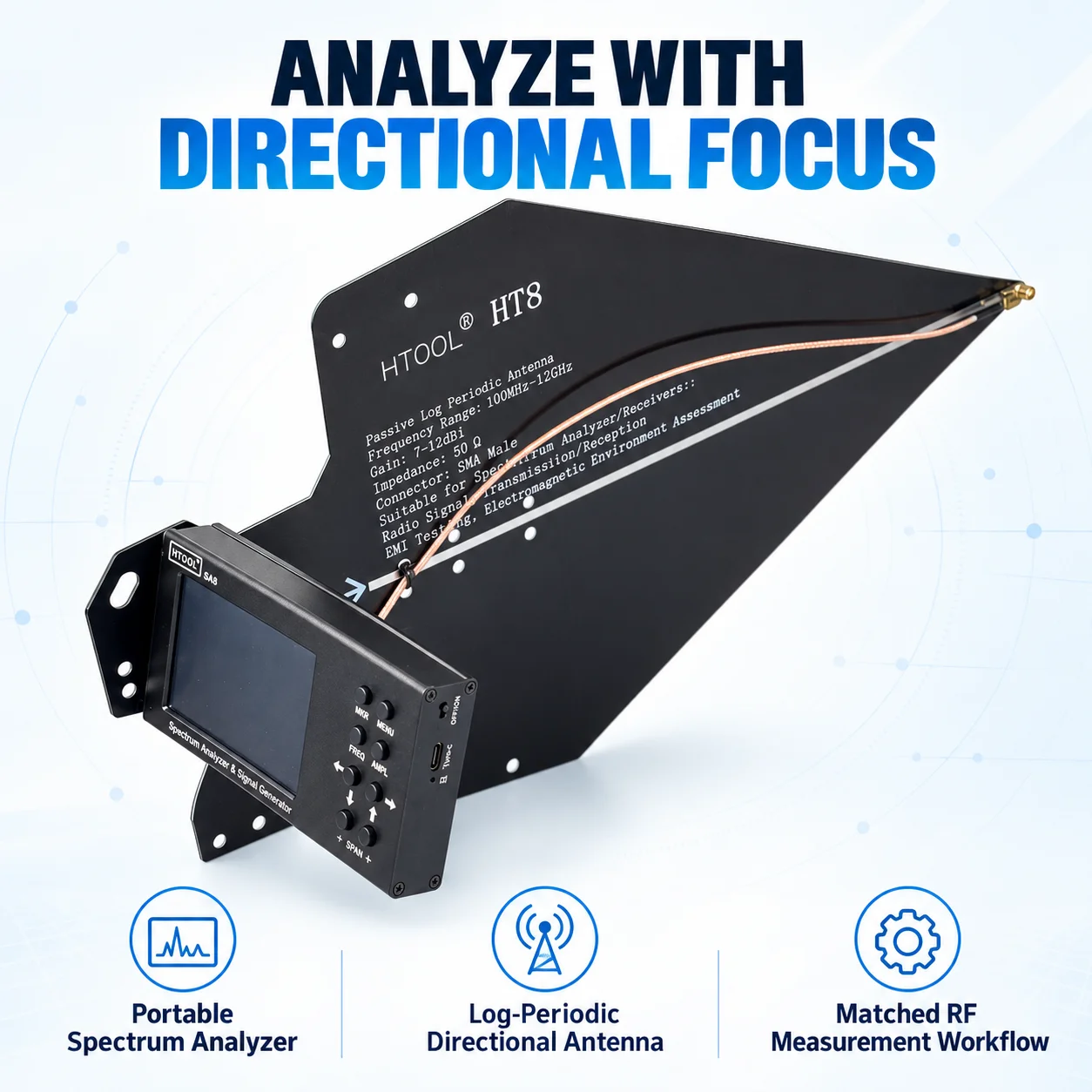HTOOL SA8 Portable Spectrum Analyzer with HT8 100MHz–12GHz Log Periodic Directional Antenna SMA RF Testing Kit