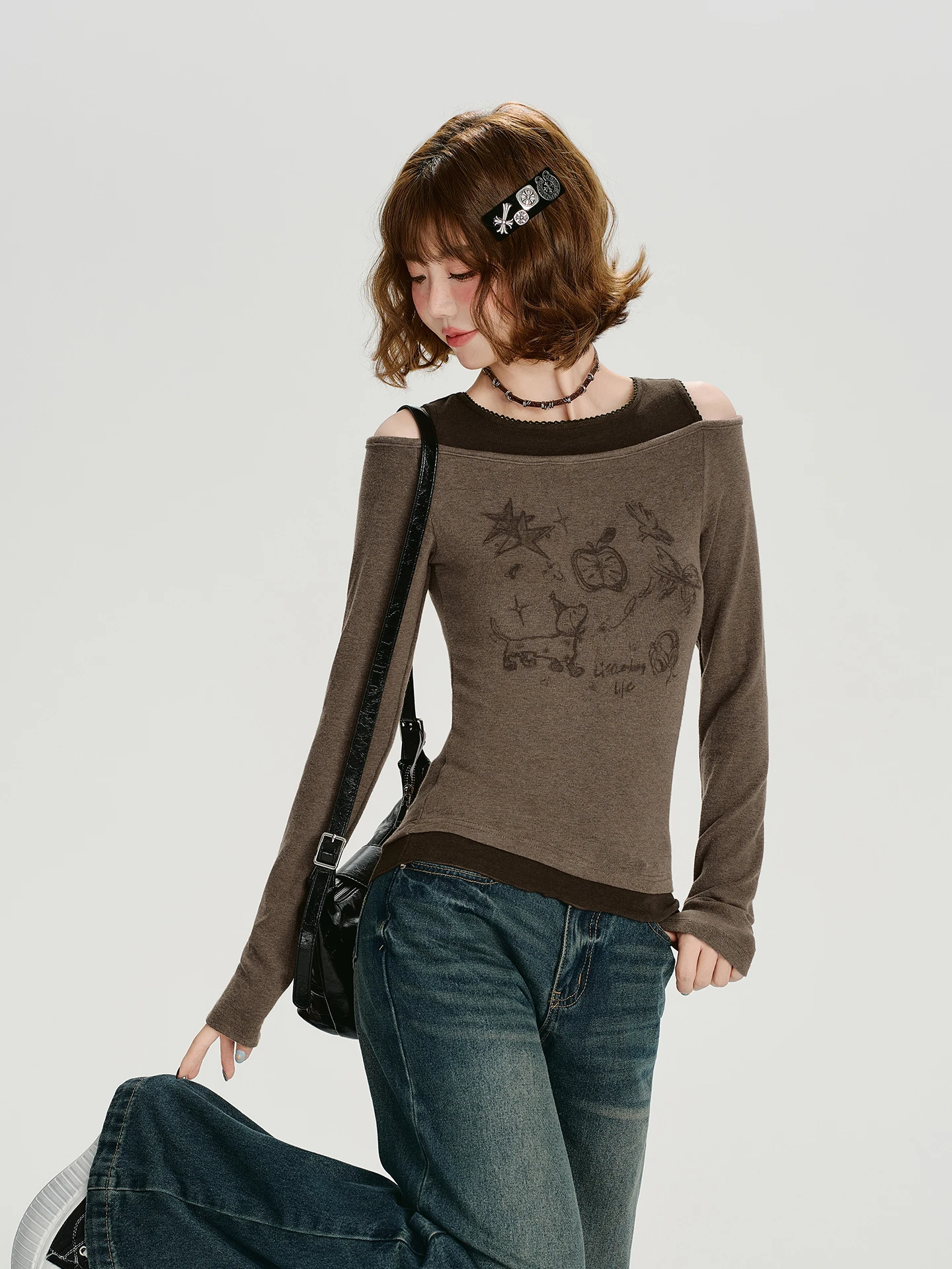 Girlyhalo American Retro Print Illusory Two-Piece Long Sleeve T-Shirt Women's Autumn New Lace Trim Slimming Top