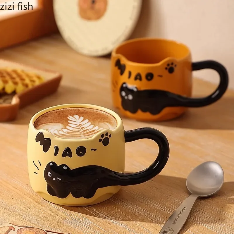 

Relief Cat Mug Ceramic Cute Coffee Mug Household Couple Cup Milk Cup Breakfast Cup Creative Large Handle Water Cups Tea Cups