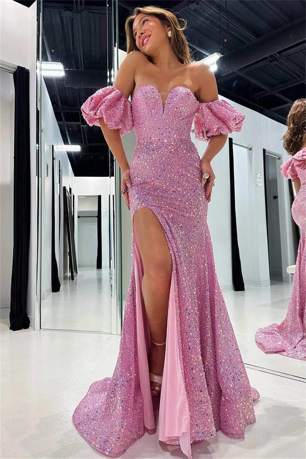 

Sequin Sweetheart Mermaid Cocktail Dresses With Split Sparkly Corset Prom Gowns Backless Formal Evening Gowns Removable Sleeves