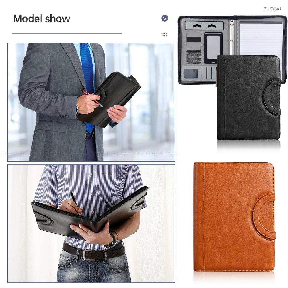 

A4 Document Folder Organizer PU Leather Zipper Ring Binder Padfolio Conference Business Portfolio Bag with Handle,for Men/Women