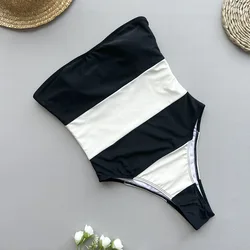 sexy black white striped bandeau swimsuit one piece bikinis thong swimwear bodysuits women biquini bathing suits trikini tankini